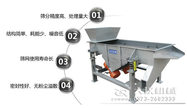 1016型直線振動篩特點：1，篩分精度高，處理量大。2，結(jié)構(gòu)簡單，耗能少，噪音低，3，篩網(wǎng)使用壽命長，密封性好無粉塵溢散。