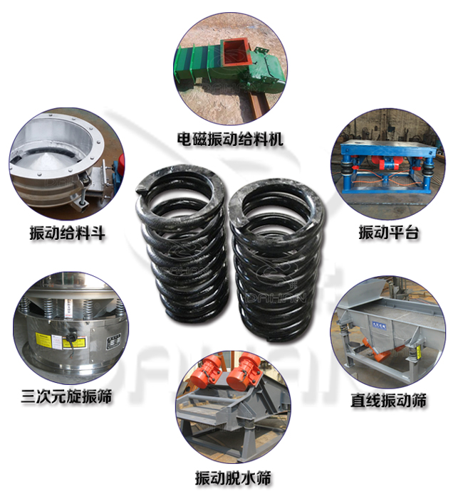 旋振篩減震彈簧適用產(chǎn)品：振動(dòng)給料機(jī)，電磁振動(dòng)給料機(jī)，振動(dòng)平臺(tái)，直線振動(dòng)篩，振動(dòng)脫水篩，三次元旋振篩。