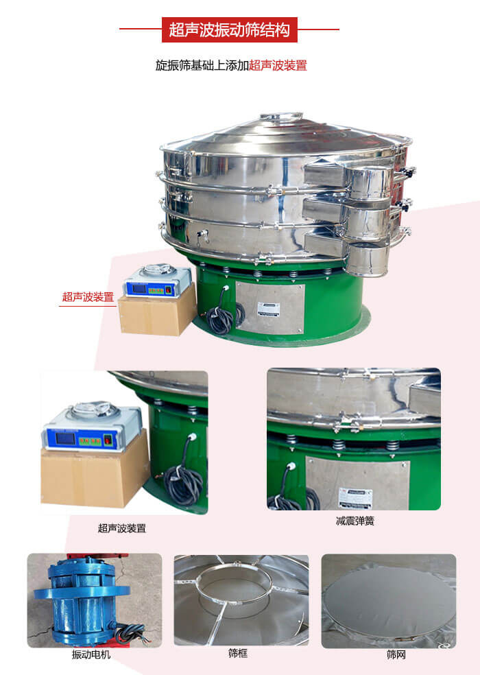 圓篩機內(nèi)部結(jié)構(gòu)：主要由振動電機、篩框、篩網(wǎng)、超聲波系統(tǒng)、減震彈簧等展示圖